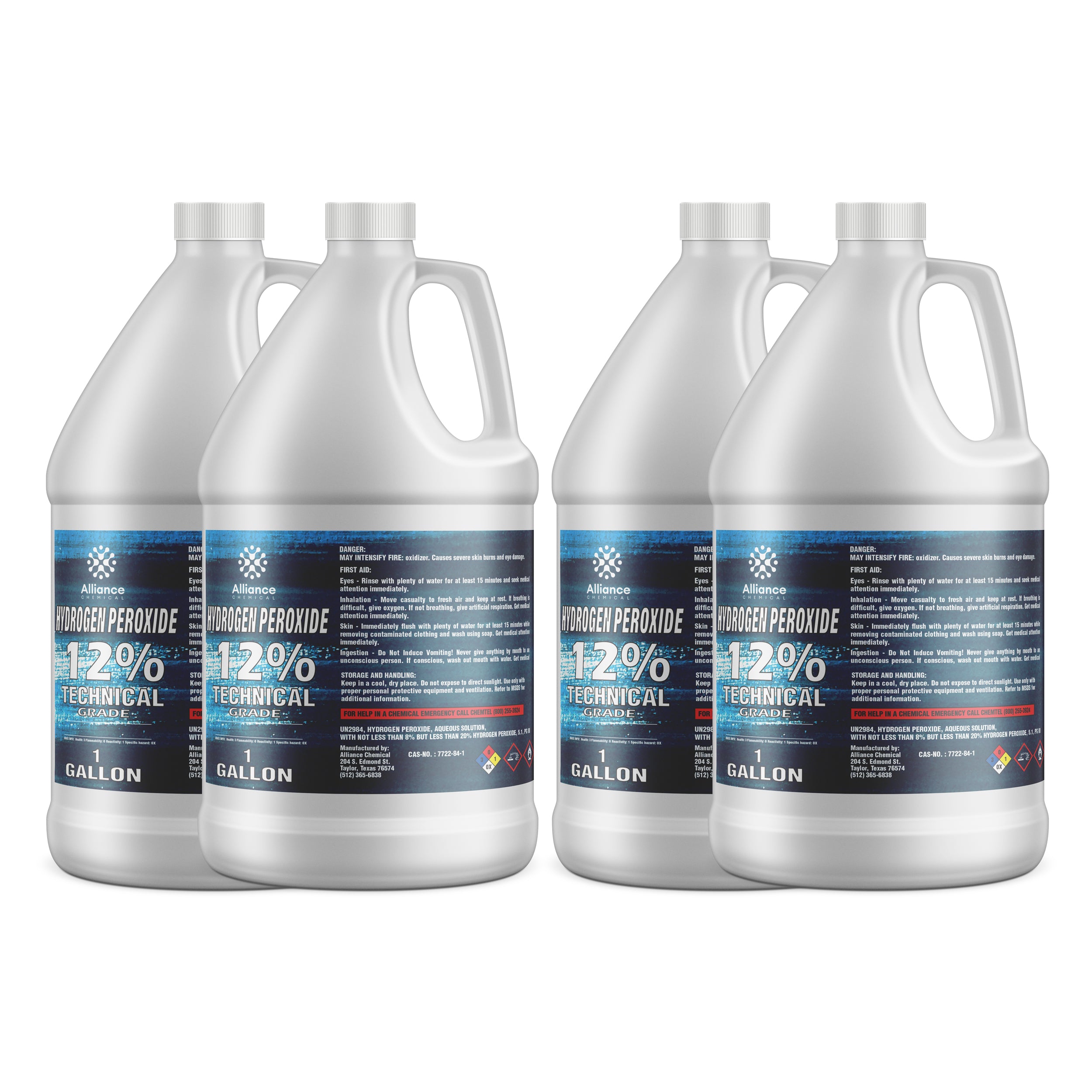 4x1-gallon jugs of 12% Technical Grade Hydrogen Peroxide in white HDPE containers with blue labels, NFPA diamond warning symbols, first aid instructions.